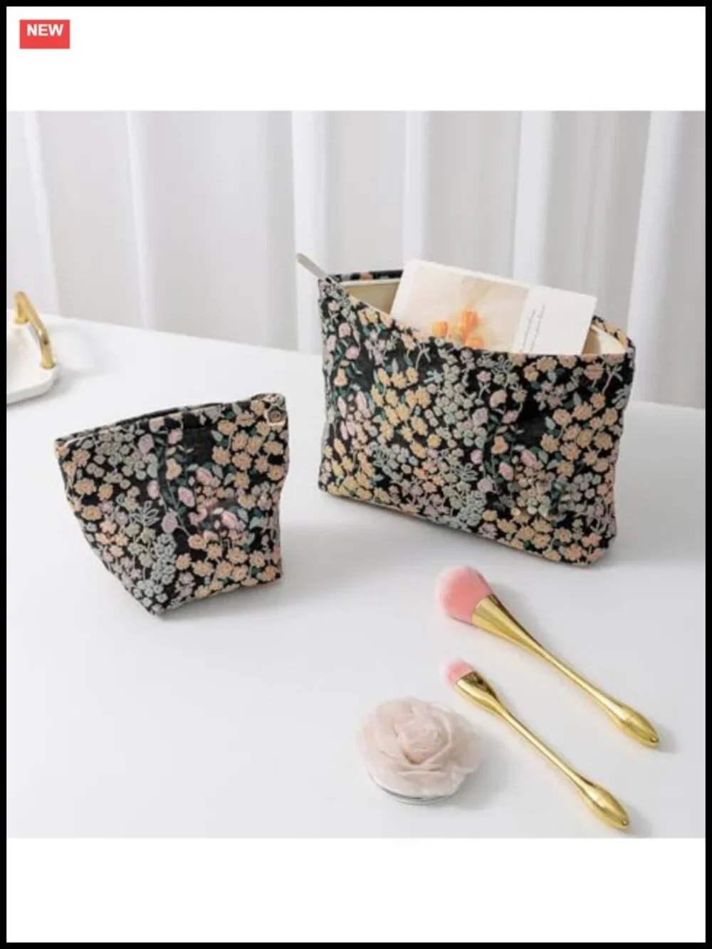 Set of 2 Floral Embroidered Makeup Bags, Large Cosmetic Pouch for Travel &